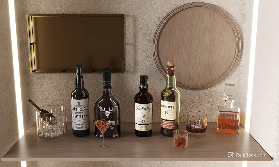 Stylish Wine Bottles and Cocktail Glasses Display on Shelf with Golden Cabinet and Round Mirror 3d model 