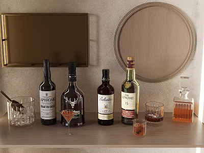 Stylish Wine Bottles and Cocktail Glasses Display on Shelf with Golden Cabinet and Round Mirror 3d model