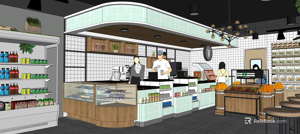 Supermarket Grocery Interior With Counter Staff And Product Display Cases 3d model 