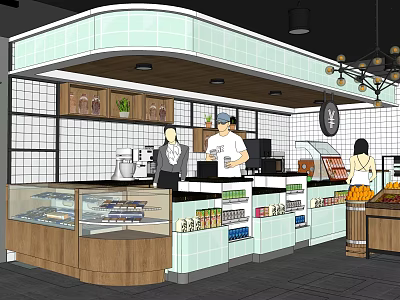 Supermarket Grocery Interior With Counter Staff And Product Display Cases 3d model