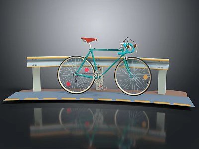 Teal Bicycle With Red Seat Colorful Dots On Wheels On Platform Yellow White Stripes 3d model