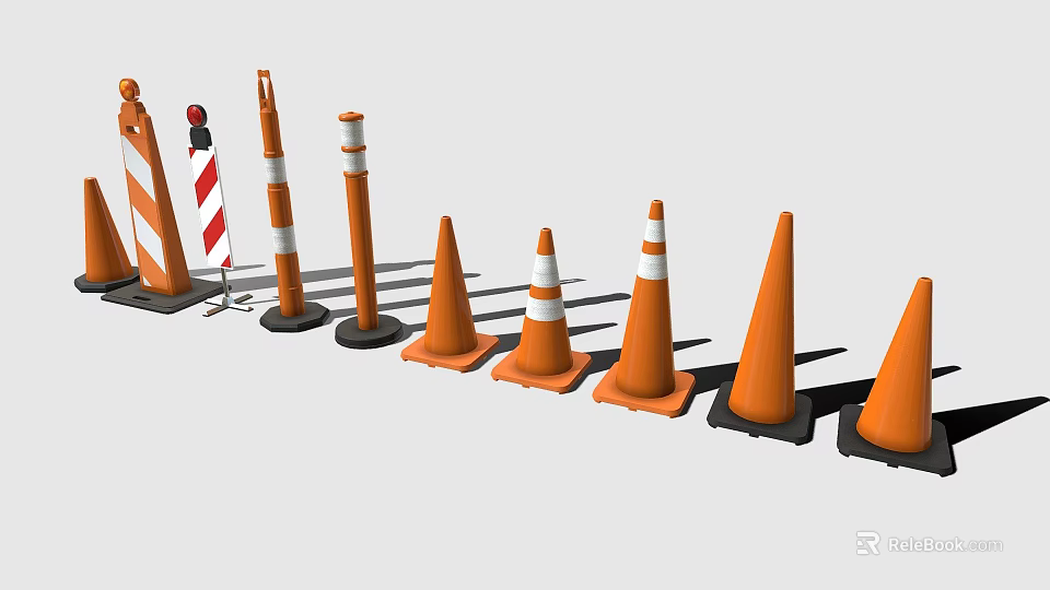 Various Sizes Of Orange Traffic Cones And Striped Warning Posts For Road Safety Equipment 3d model 