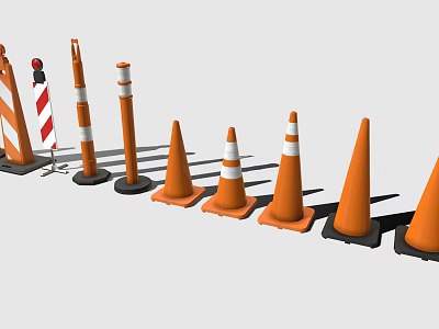 Various Sizes Of Orange Traffic Cones And Striped Warning Posts For Road Safety Equipment 3d model