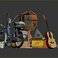 Vintage Blue Motorcycle With Orange Container Tools White Bucket And Wooden Boxes
