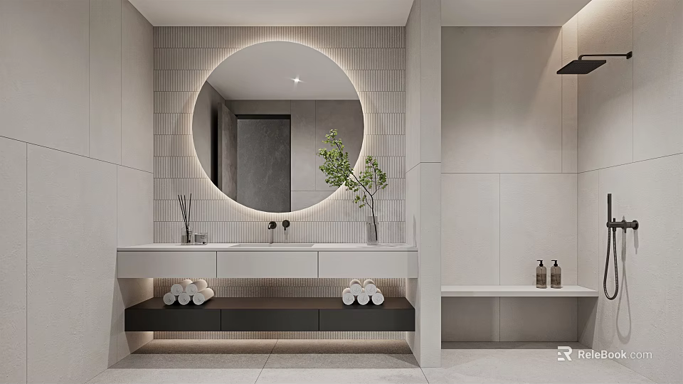 Modern Bathroom Interior With Round Mirror White Tiles Double Sink White Cabinets And Green Plant 3d model 