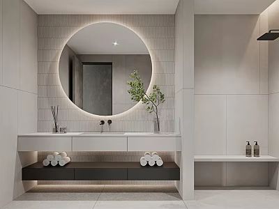 Modern Bathroom Interior With Round Mirror White Tiles Double Sink White Cabinets And Green Plant 3d model