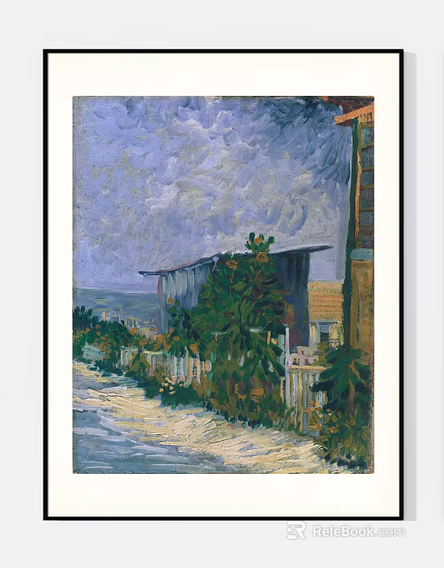 Vibrant Landscape Painting With Path Wooden Fence Green Plants Blue Cottage And Sea View Sky 3d model 