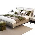 Modern Double Bed With Plush Pillows Cozy Blanket Nightstands Table Lamps Green Stool Neutral Rug