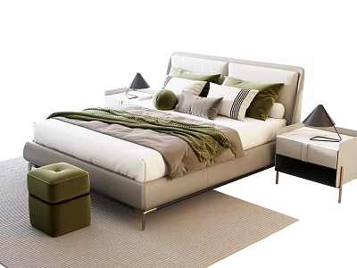 Modern Double Bed With Plush Pillows Cozy Blanket Nightstands Table Lamps Green Stool Neutral Rug 3d model