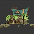 Cartoon Style Tropical Island Scene With Wooden House Blue Roof Palm Trees And Rocks