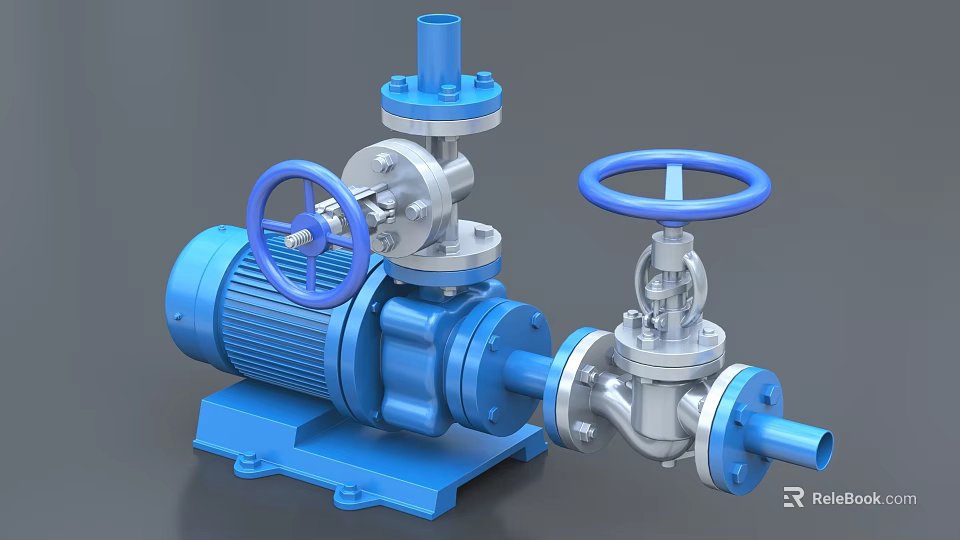 Blue Industrial Pump Valve Equipment With Handwheel Motor And Piping Connections 3d model 