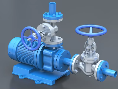 Blue Industrial Pump Valve Equipment With Handwheel Motor And Piping Connections 3d model