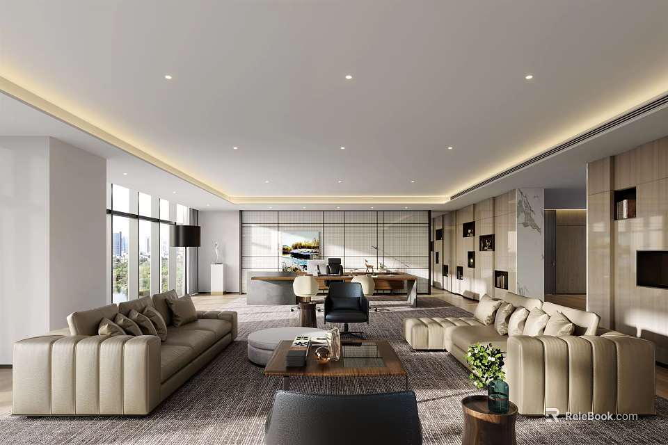 Spacious Modern Office With Beige Sofas Coffee Table Floor to Ceiling Windows Desk Minimalist Design 3d model