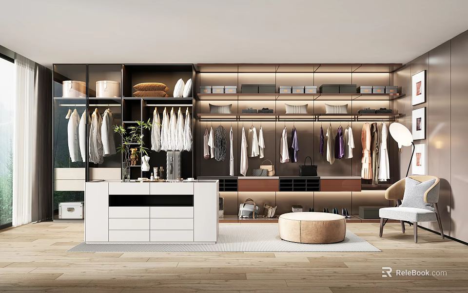 Modern Walk In Closet With Organized Storage And Seating 3d model