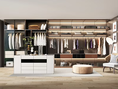 Modern Walk In Closet With Organized Storage And Seating 3d model