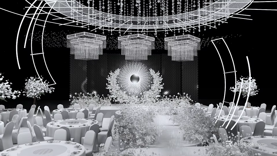 Luxurious Banquet Hall With Crystal Chandeliers Circular Backdrop And Decorative Flowers 3d model 