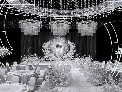 Luxurious Banquet Hall With Crystal Chandeliers Circular Backdrop And Decorative Flowers 3d model