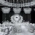 Luxurious Banquet Hall With Crystal Chandeliers Circular Backdrop And Decorative Flowers