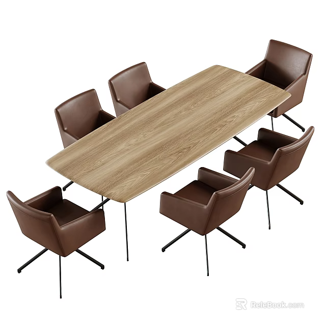 Modern Rectangular Wooden Dining Table Set With Six Brown Chairs And Metal Legs 3d model 