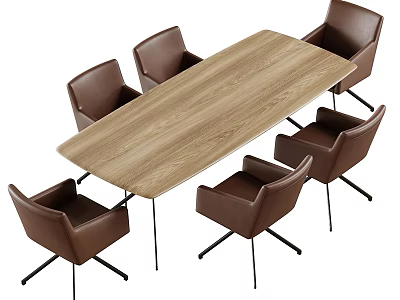 Modern Rectangular Wooden Dining Table Set With Six Brown Chairs And Metal Legs 3d model