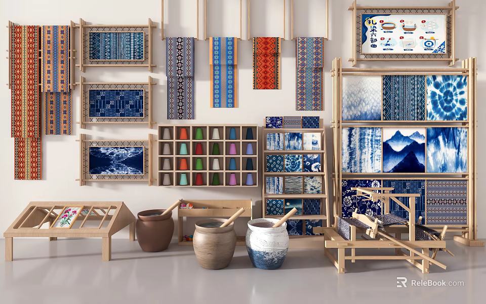 Handmade Crafts Display Featuring Colorful Patterned Fabrics Ceramic Pots and Wooden Shelves 3d model 