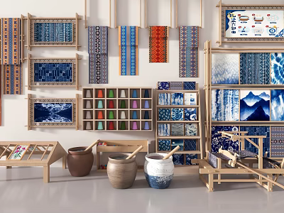 Handmade Crafts Display Featuring Colorful Patterned Fabrics Ceramic Pots and Wooden Shelves 3d model