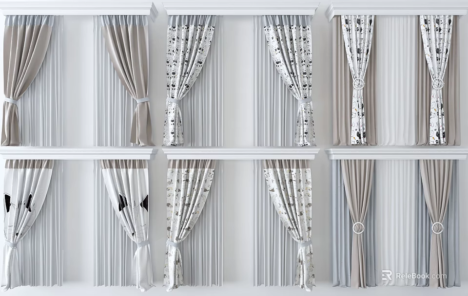 Various Curtain Designs With Striped Patterned Styles And Tiebacks For Home Decor 3d model 