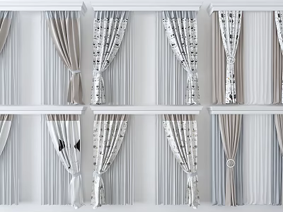 Various Curtain Designs With Striped Patterned Styles And Tiebacks For Home Decor 3d model