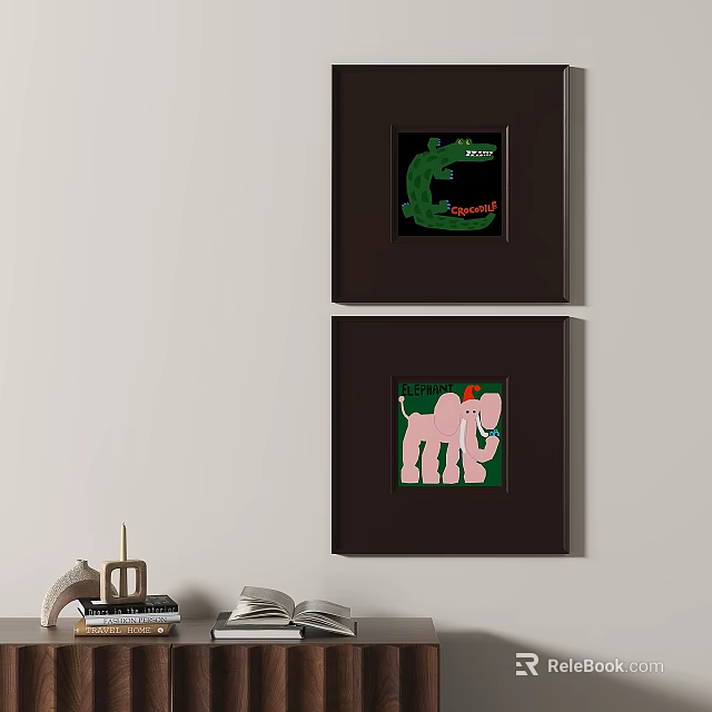 Framed Abstract Paintings With Crocodile And Elephant Figures On Interior Wall 3d model