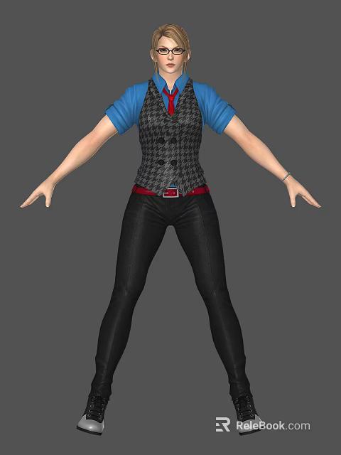 Woman Wearing Blue Shirt Gray Plaid Vest Red Tie Black Pants Red Belt Arms Outstretched 3d model 