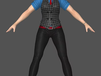 Woman Wearing Blue Shirt Gray Plaid Vest Red Tie Black Pants Red Belt Arms Outstretched 3d model