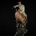 Military Soldier Riding Galloping Horse With Lance On Grass Base Statue