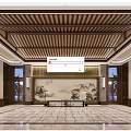 Elegant Chinese Style Sales Office Interior With Wooden Lattice Ceiling Landscape Painting And Stone Flooring