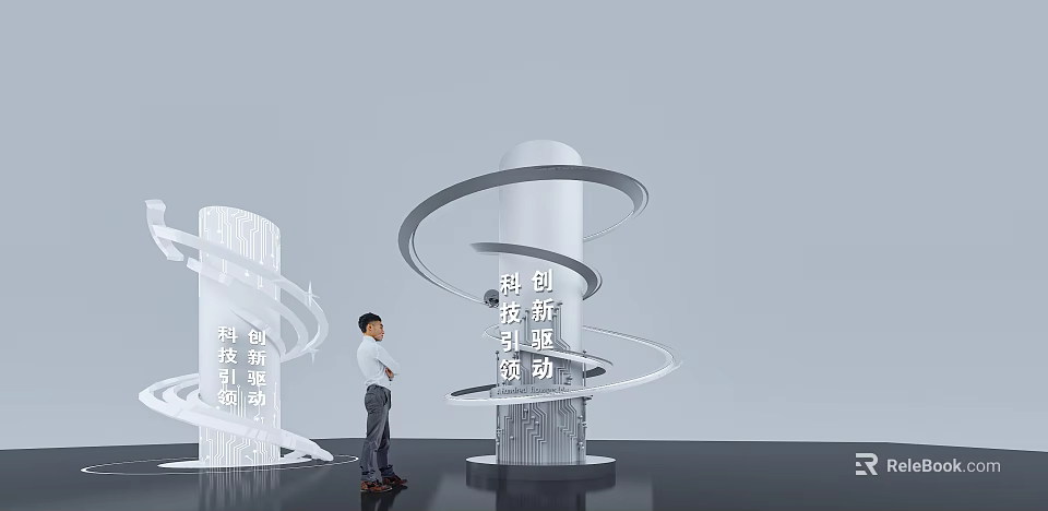 White Spiral And Cylindrical Art Installation Showcasing Tech Innovation Themes In Exhibition Space 3d model 