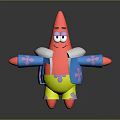 Happy Cartoon Starfish Character With Red Body Blue Coat Yellow Shorts And Pink Purple Flowers