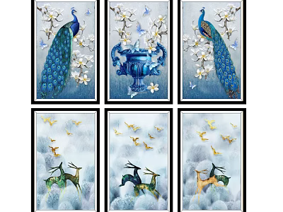 Elegant Animal Paintings With Peacocks Deer And Blue Floral Decorative Wall Art 3d model