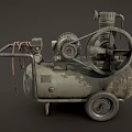 Vintage Industrial Air Compressor Equipment With Metal Frame Pressure Gauge And Wheels