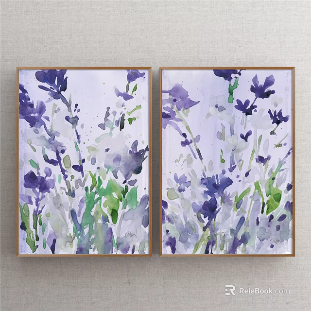 Watercolor Plant Paintings With Lavender Flowers Green Leaves And Wooden Frames 3d model 