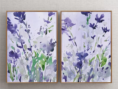 Watercolor Plant Paintings With Lavender Flowers Green Leaves And Wooden Frames 3d model