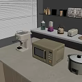 Modern Kitchen Countertop With Coffee Maker Microwave Rice Cooker And Shelf Cups Jars