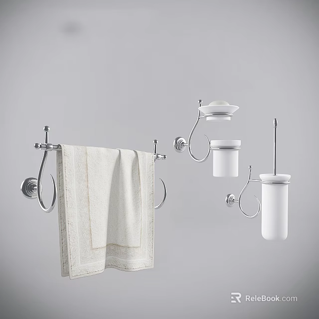 Sleek Modern Bathroom Accessories With Towel Rack White Towel Soap Dish And Toilet Brush 3d model 