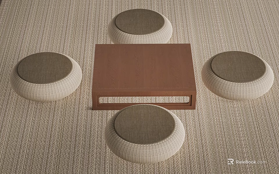 Wooden Tea Table with Four Round Woven Cushions on Woven Carpet Surface 3d model 