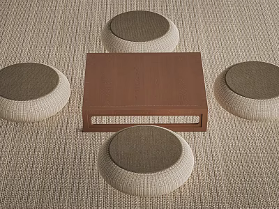 Wooden Tea Table with Four Round Woven Cushions on Woven Carpet Surface 3d model