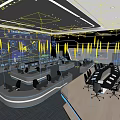 Modern Service Hall Featuring Large Digital Screens Data Visualization Workstations And Conference Tables