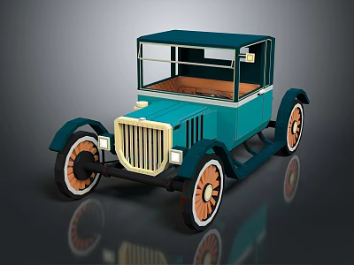 Vintage Teal Wooden Car With Classic Design And Orange White Wheels 3d model