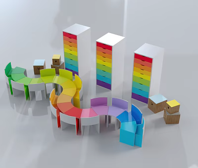 Colorful Kids Table With Round Design And Multicolor Seats For Children 3d model