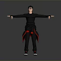 Man in Black Outfit Wearing Cap and Glasses with Arms Extended Red Accents on Pants and Red White Shoes