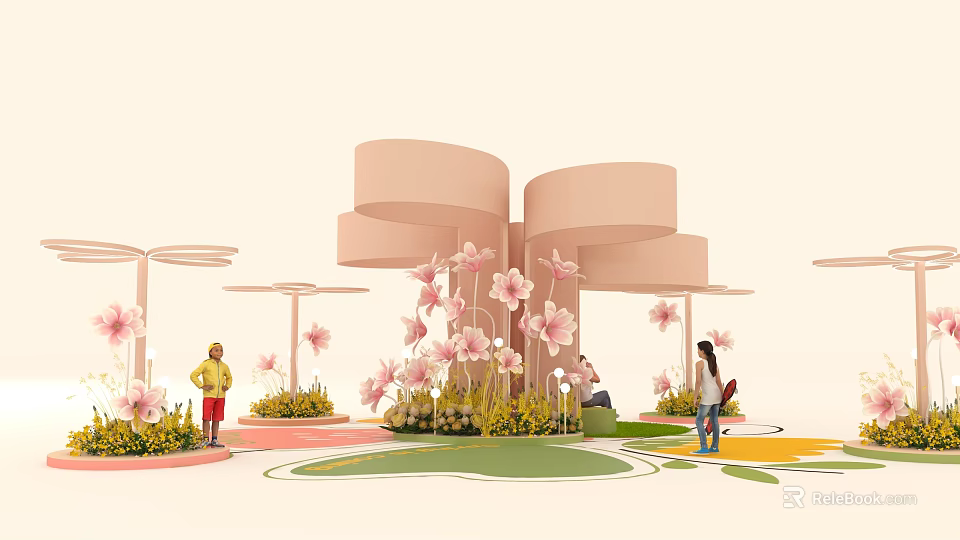 Outdoor Pink Spiral Structure With Pink Flowers And People On Colorful Ground 3d model 