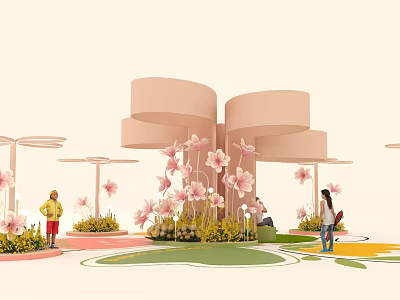 Outdoor Pink Spiral Structure With Pink Flowers And People On Colorful Ground 3d model