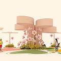 Outdoor Pink Spiral Structure With Pink Flowers And People On Colorful Ground